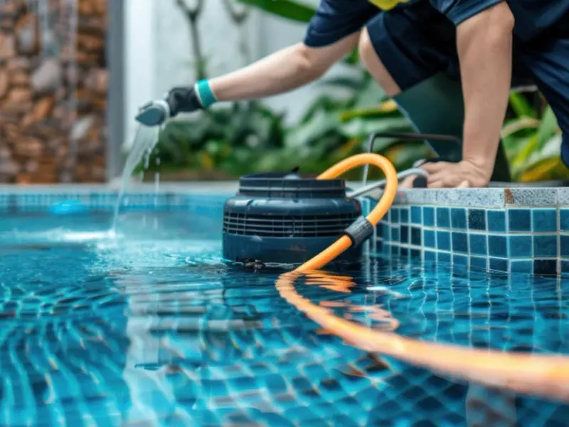 Piscina com escada e fundo azul após limpeza profissional